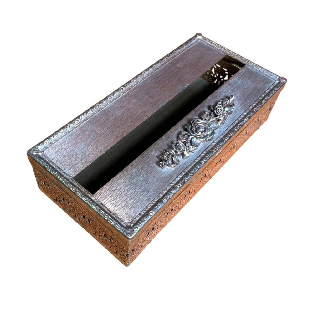 Vintage Ornate Metal Tissue Box Holder Gold Tone Rose Filigree Hollywood Regency